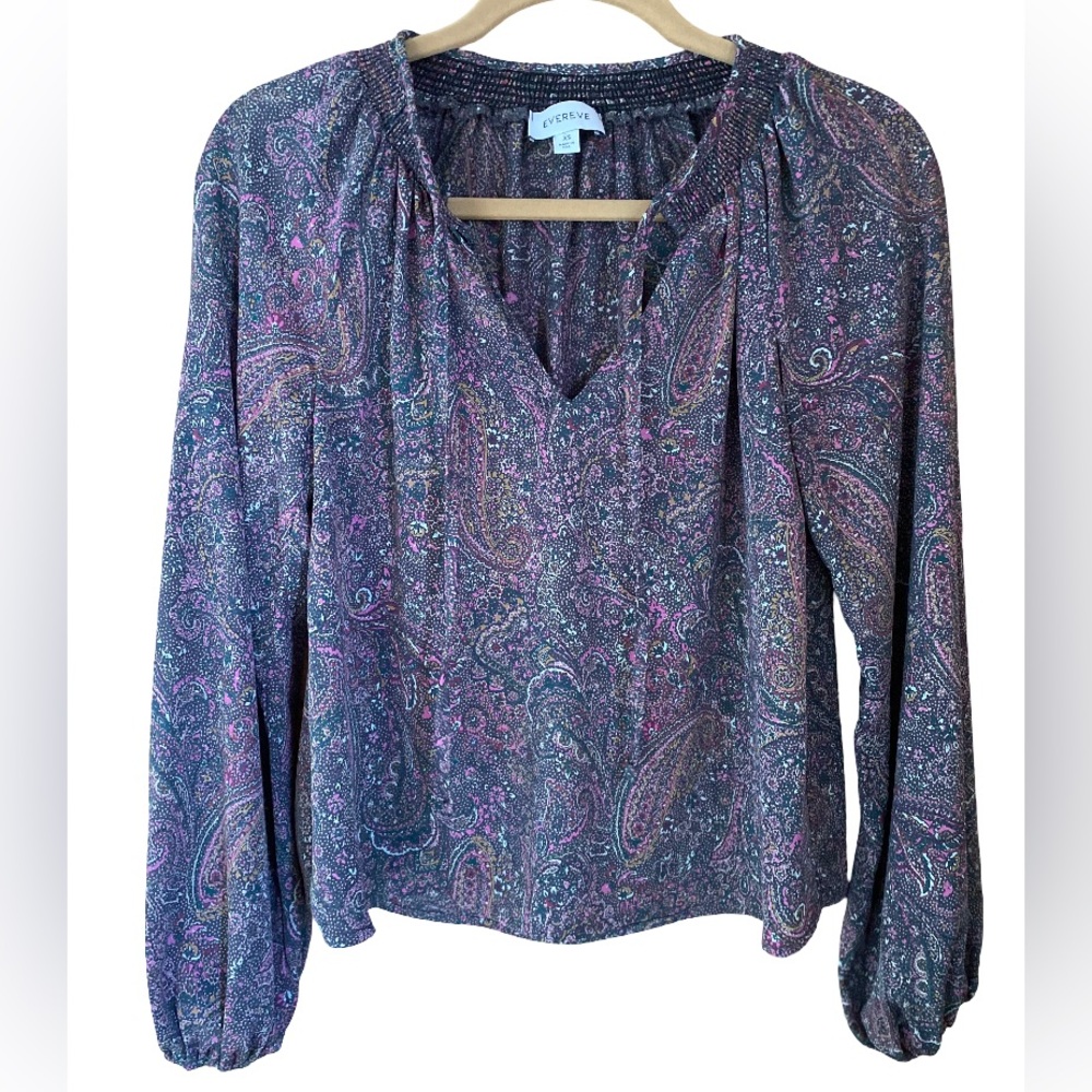 Evereve paisley tie-front smocked v-neck boho long-sleeved top size XS